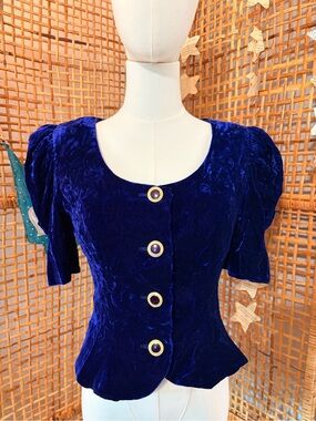 Vintage Royal Blue Velvet Button Front Peplum Top